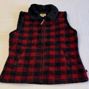 Woolrich Size Large Buffalo Check Fleece Vest Red Black Faux Fur Collar Sleeves